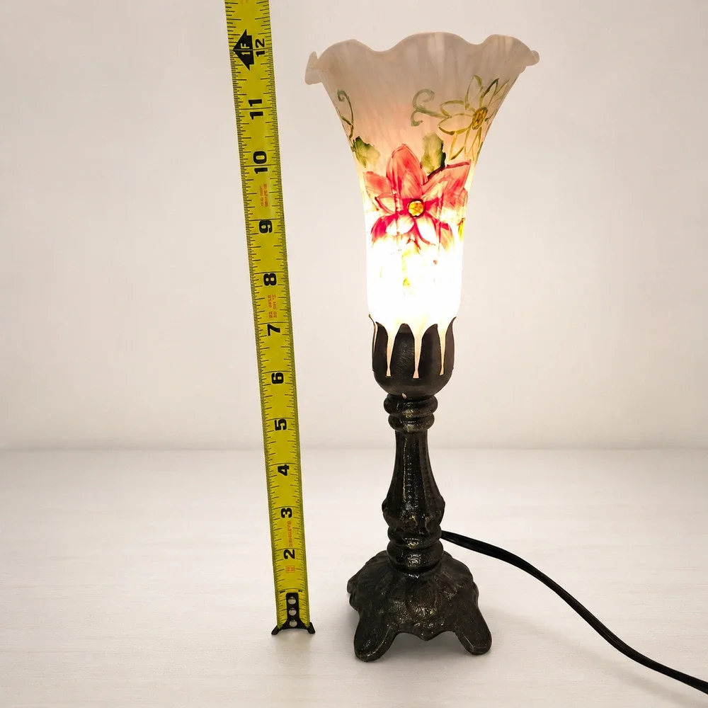 Vintage Style Frosted Glass Tulip Accent Lamp Hand Painted Red Poinsettia Floral